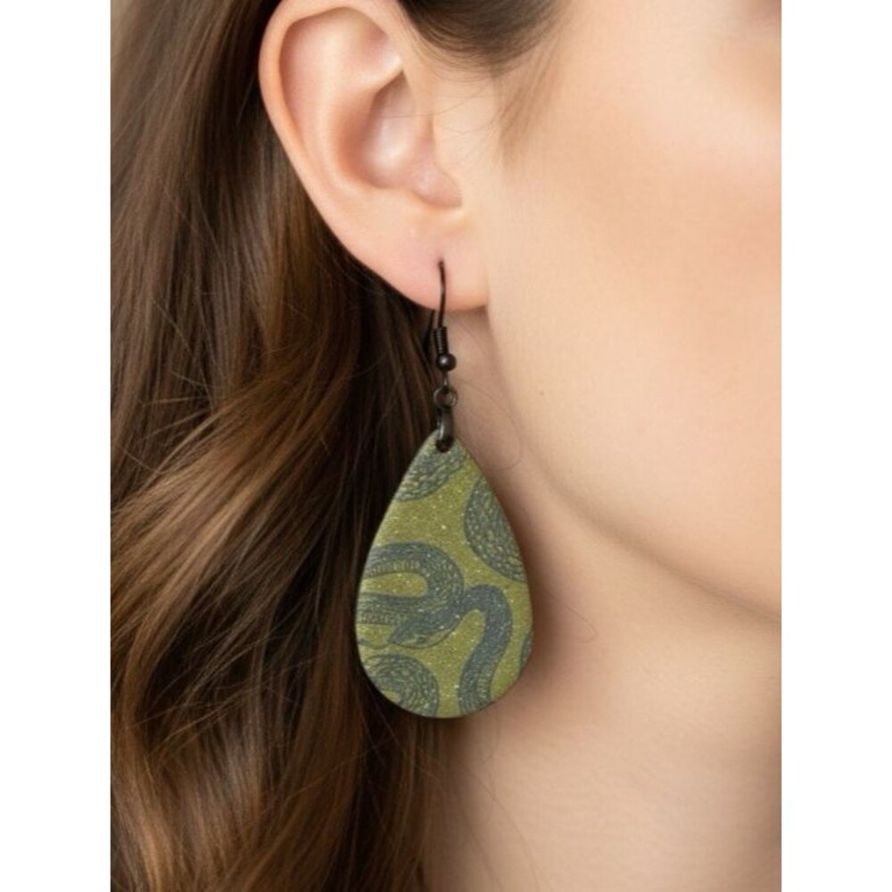 Handmade Green Gold Black Snake Print Polymer Clay Teardrop Dangle Earrings